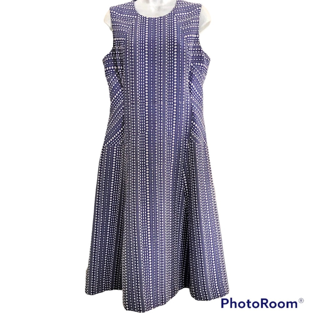 ANNE KLEIN Dress FIt & Flare Blue White Striped Polyester Cotton Lined MIDI sz12
